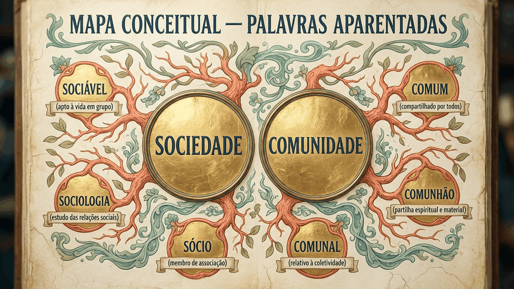Mapa conceitual da diferença entre sociedade e comunidade mostrando famílias de palavras derivadas de socius e communitas