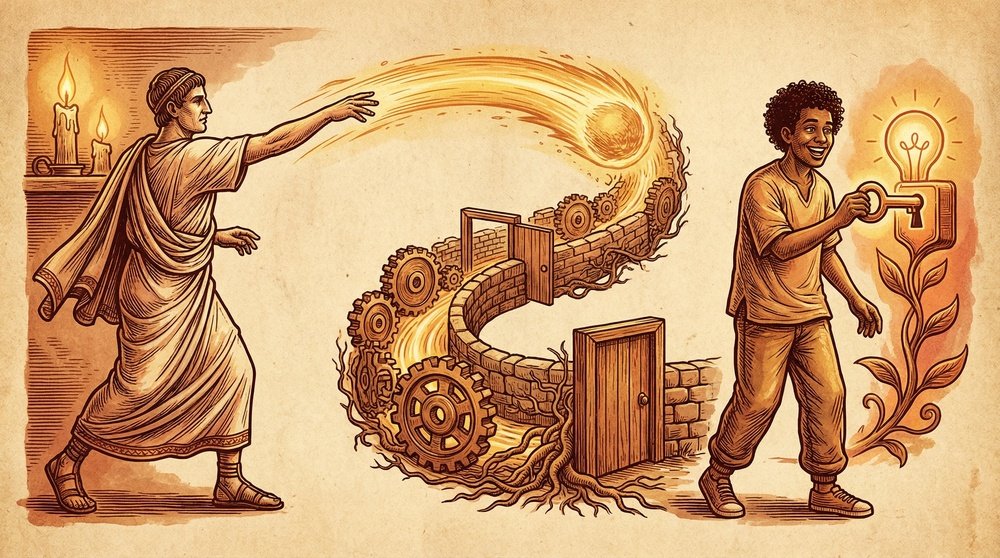 Origem da expressão dar um jeito: a raiz latina jactus (lançar) evocando o movimento ativo de encontrar a jogada certa diante de um obstáculo