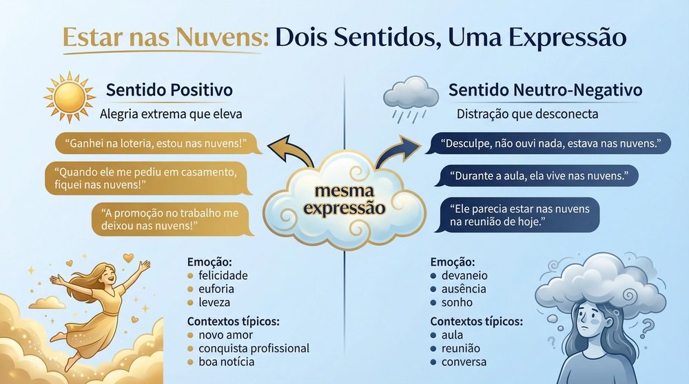 Origem da expressão estar nas nuvens em uso cotidiano: cena brasileira dos dois sentidos — alegria que eleva e distração que desconecta do que acontece ao redor