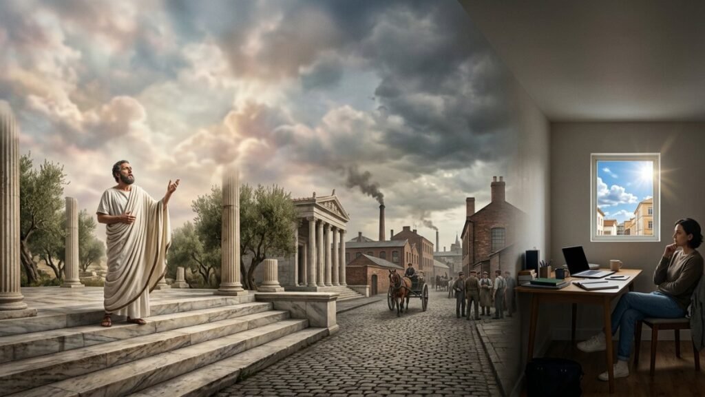 Origem da expressão cair na real: tríade evocando a ilusão, o pouso forçado na realidade e o alívio paradoxal da queda — Palavras com História