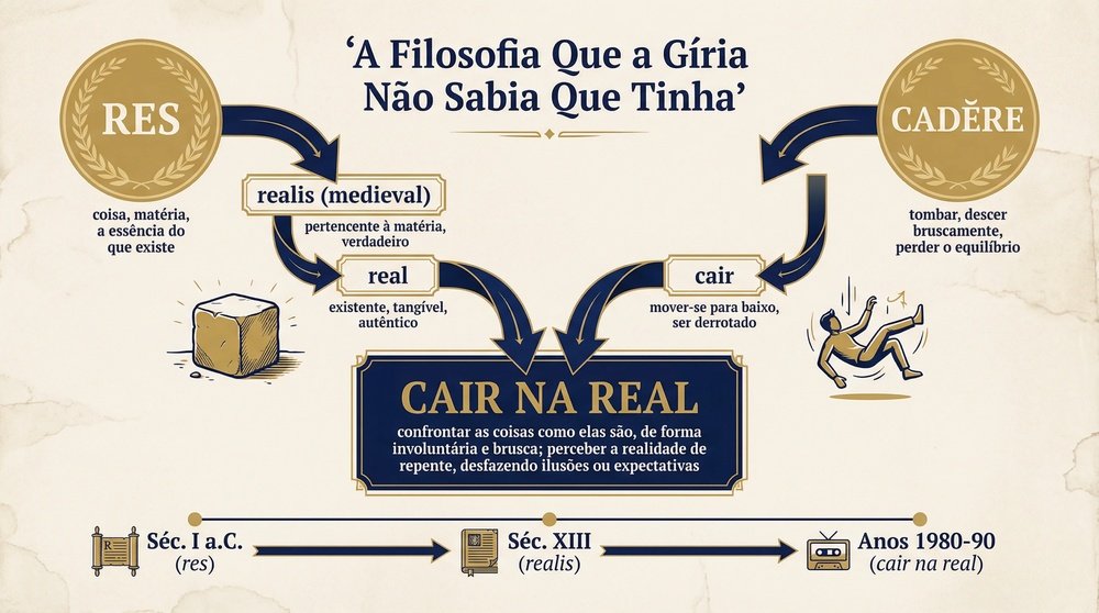 Origem da expressão cair na real: a raiz latina res (coisa, matéria) e a metáfora da queda brusca de cadĕre como ruptura involuntária com a ilusão