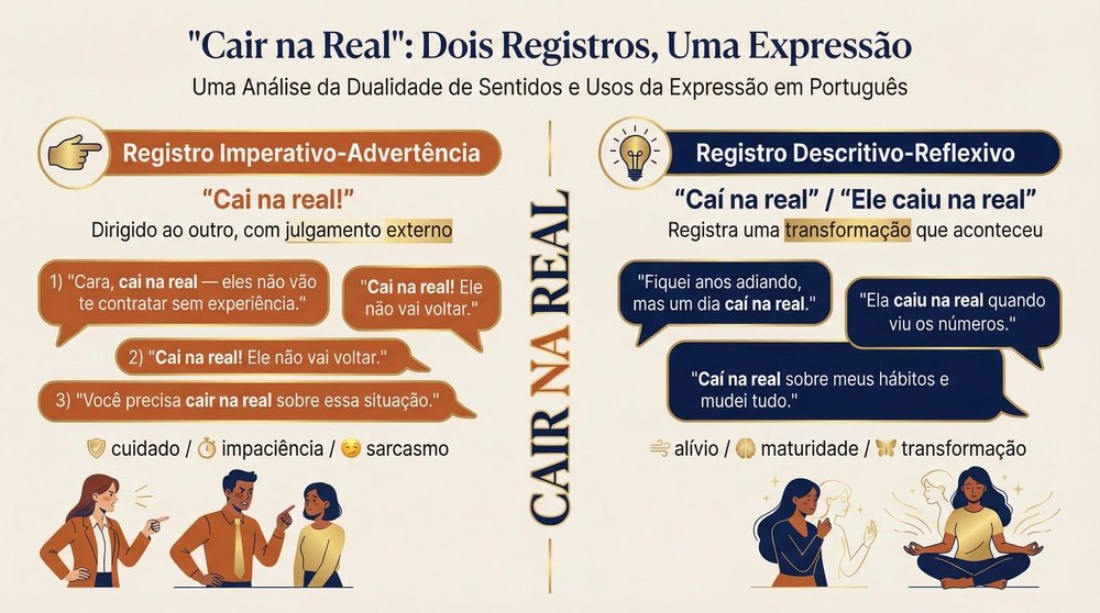 Origem da expressão cair na real em uso cotidiano: cena brasileira dos dois registros — advertência dirigida ao outro e autoconscientização interior
