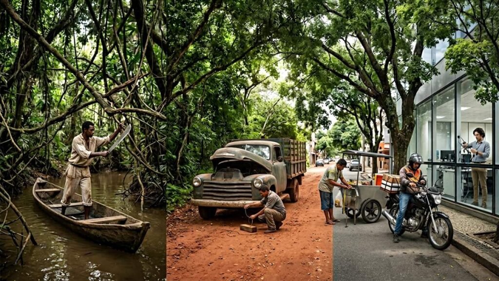 Origem da expressão quebra-galho: tríade evocando as três teorias — o afluente de rio, o Exu da Umbanda e o improviso cotidiano — Palavras com História