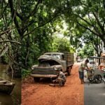 Origem da expressão quebra-galho: tríade evocando as três teorias — o afluente de rio, o Exu da Umbanda e o improviso cotidiano — Palavras com História