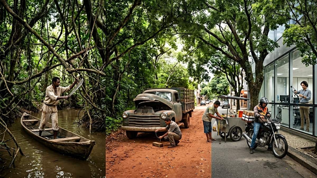 Origem da expressão quebra-galho: tríade evocando as três teorias — o afluente de rio, o Exu da Umbanda e o improviso cotidiano — Palavras com História