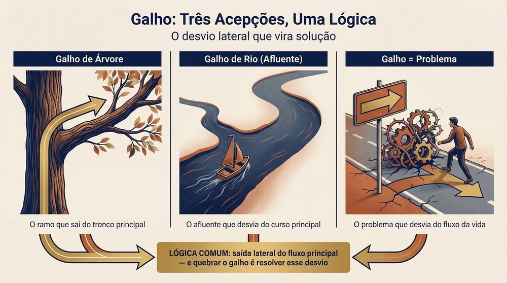 Origem da expressão quebra-galho: a tripla acepção de galho — ramo de árvore, afluente de rio e problema — como saídas laterais que o quebra-galho resolve