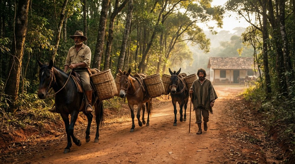 Origem da expressão pé na jaca ilustrada: tropeiro colonial com jacá de bambu preso ao lombo da mula, Brasil século XVIII