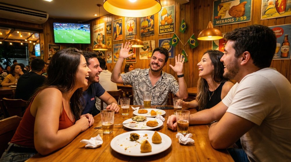 Origem da expressão pé na jaca em uso cotidiano: cena brasileira de celebração com alguém admitindo com humor que exagerou