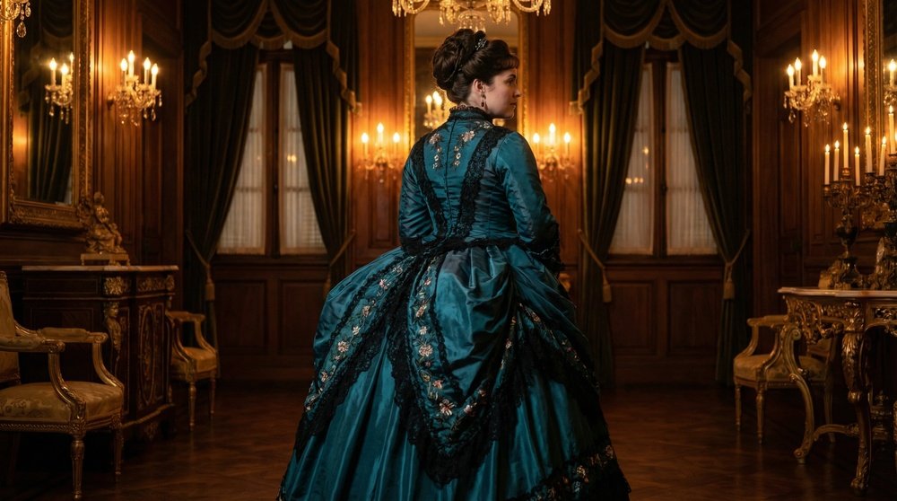 Origem da expressão rabo de saia ilustrada: silhueta feminina com saia longa do século XIX em movimento, metonímia visual da expressão popular