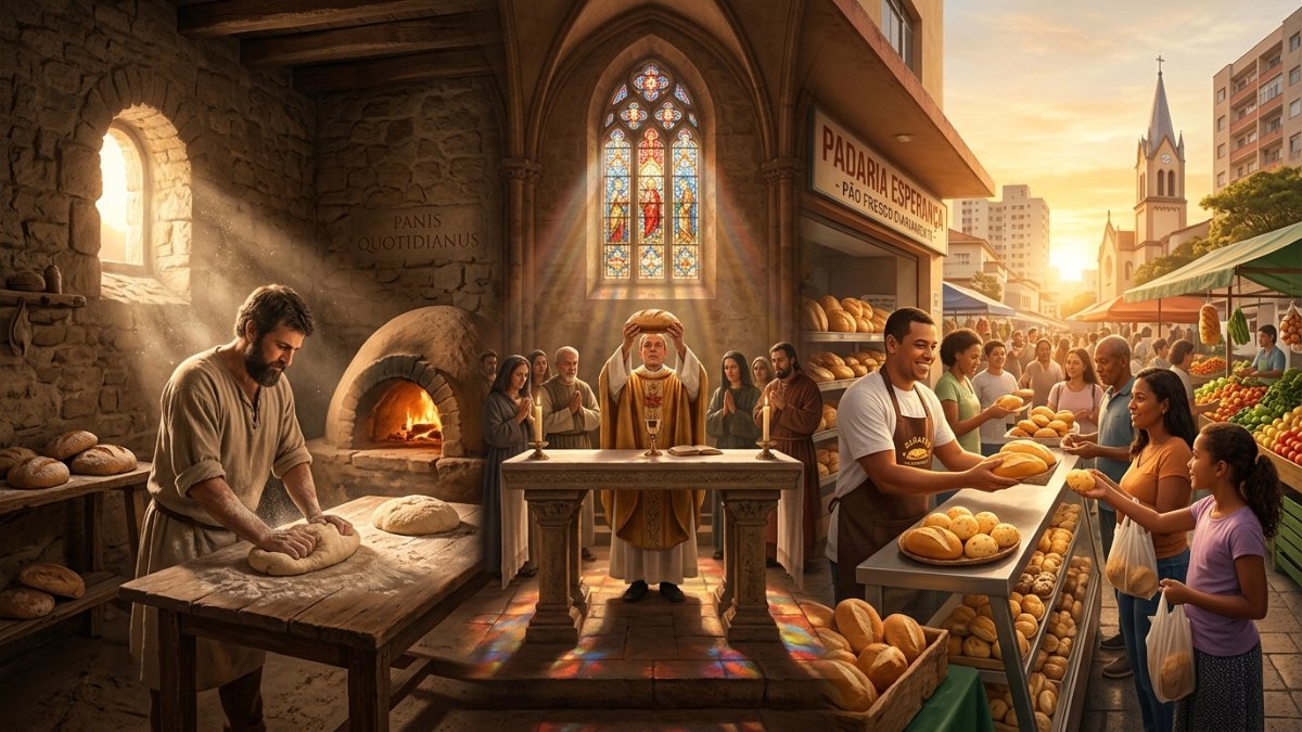 Origem da expressão pão nosso de cada dia: tríade de cenas do sagrado ao cotidiano — do Pai Nosso à rotina brasileira — Palavras com História