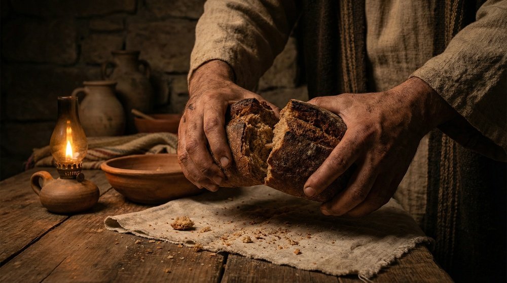 Origem da expressão pão nosso de cada dia: pão rústico sobre mesa simples evocando a petição de Mateus 6:11 e o sustento diário como tema universal
