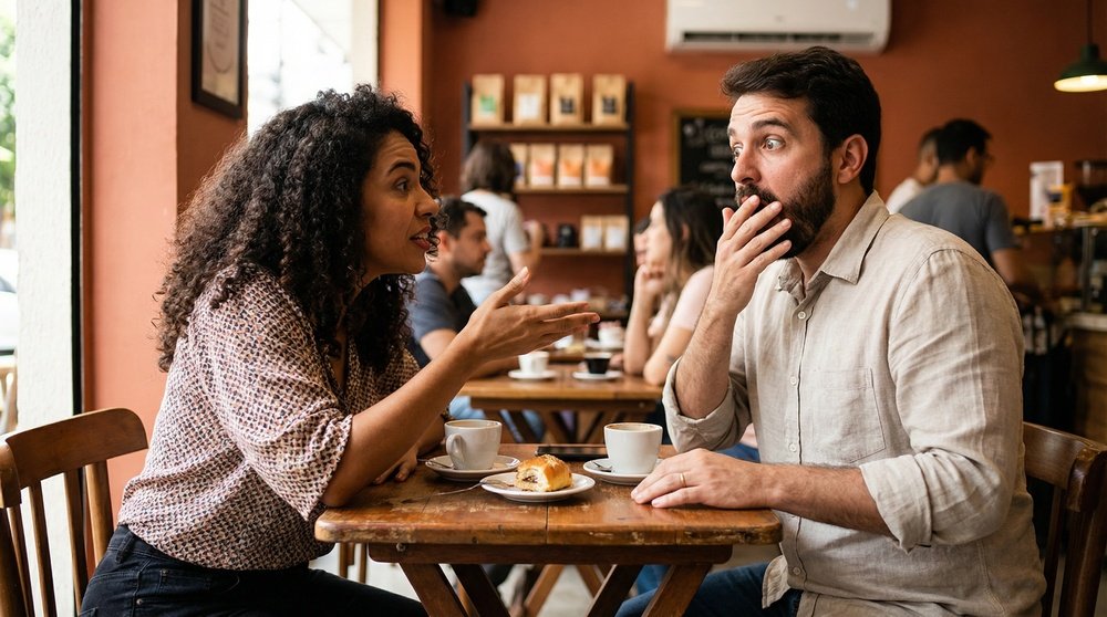 Origem da expressão boca mole em uso: cena de conversa onde um interlocutor revela um segredo em ambiente urbano contemporâneo