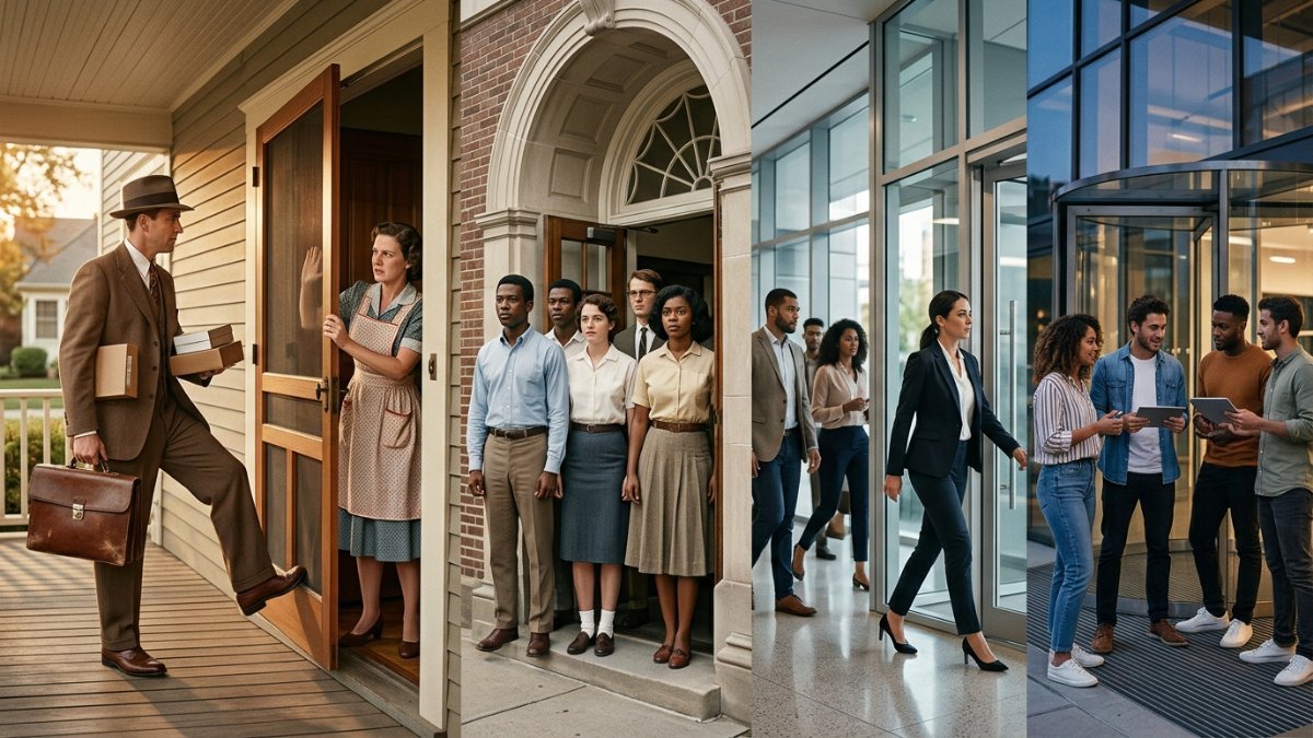 Origem da expressão pé na porta: tríade evocando os dois sentidos — força bruta e persuasão gradual — e a origem nos vendedores do século XIX — Palavras com História