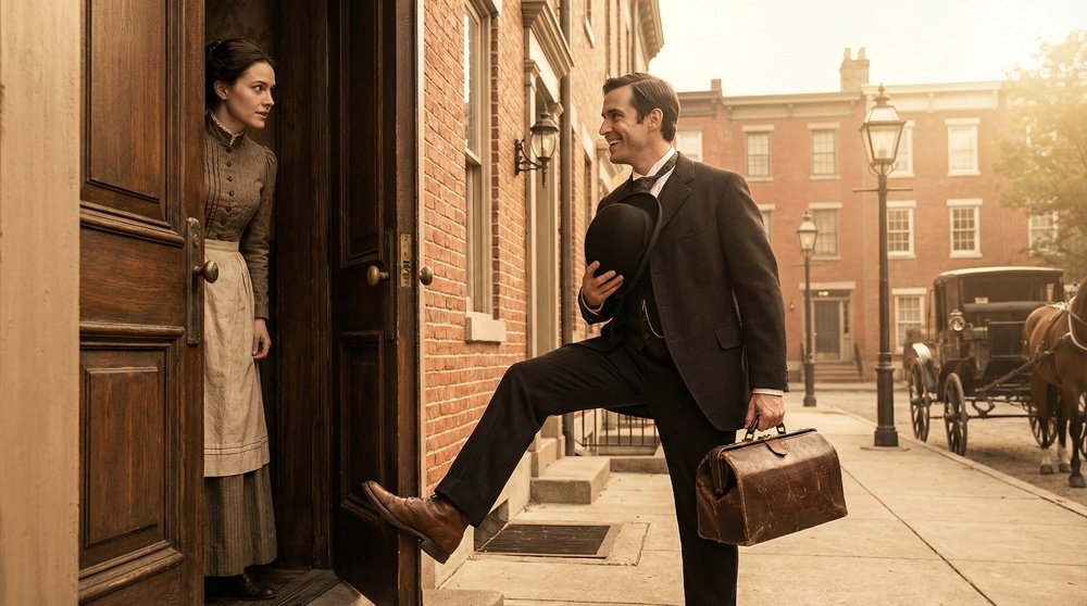 Origem da expressão pé na porta: vendedor porta-a-porta do século XIX colocando o pé na soleira para impedir a porta de fechar e conquistar tempo para a persuasão