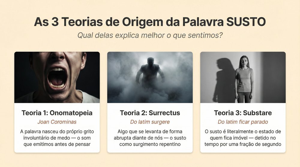 Origem da expressão tomar um susto ilustrada: figura humana paralisada por surpresa repentina, raízes latinas de substare visíveis
