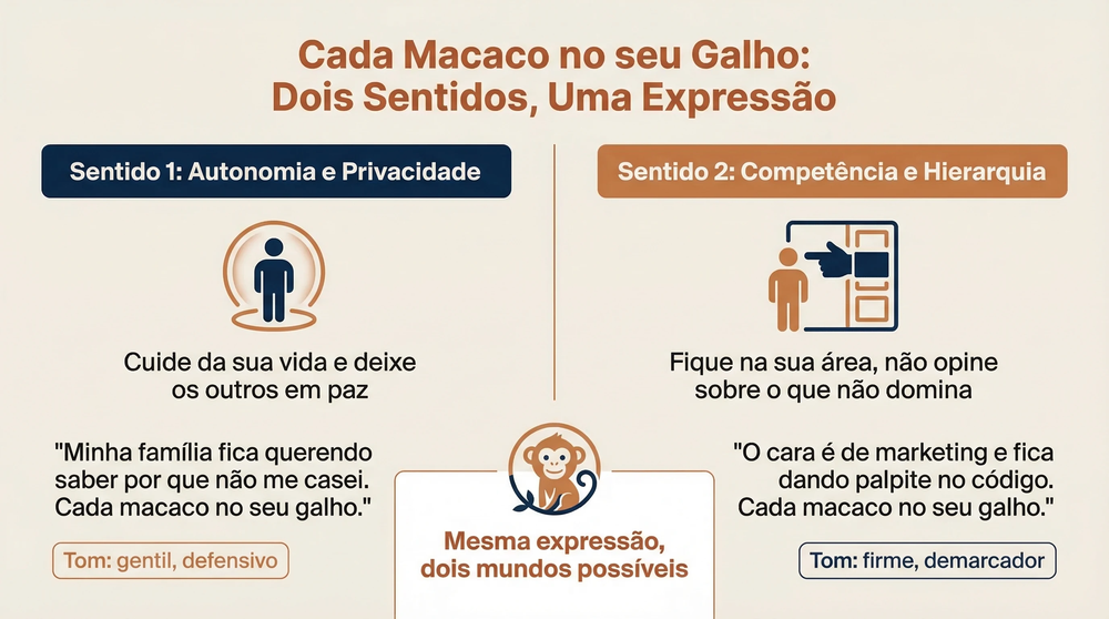 Origem da expressão cada macaco no seu galho em uso cotidiano: cena brasileira onde o provérbio delimita espaços e apazigua conflitos sobre quem pode opinar