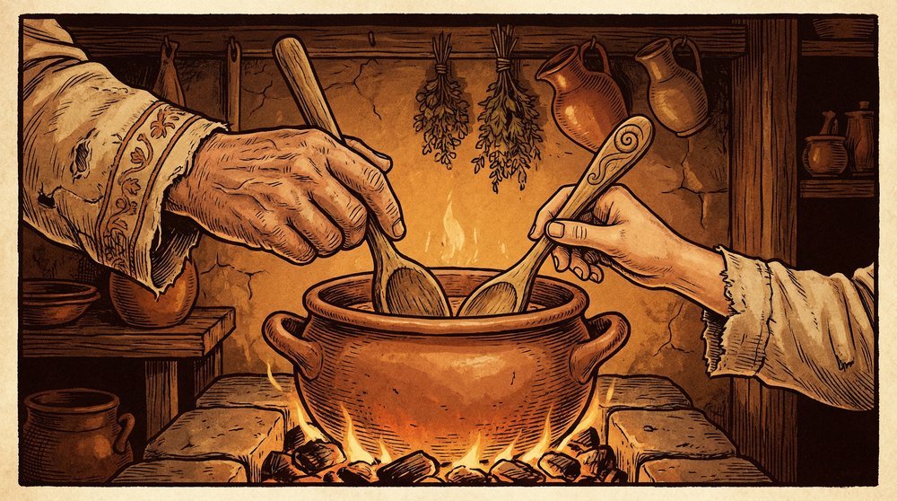 Origem da expressão meter a colher: panela no fogo com colher sendo inserida por mão alheia — metáfora da intromissão e da soberania sobre o processo