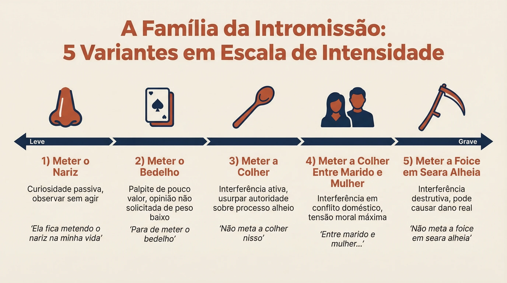 Origem da expressão meter a colher em uso cotidiano: cena brasileira de alguém intervindo numa conversa onde não foi chamado — o palpite não solicitado