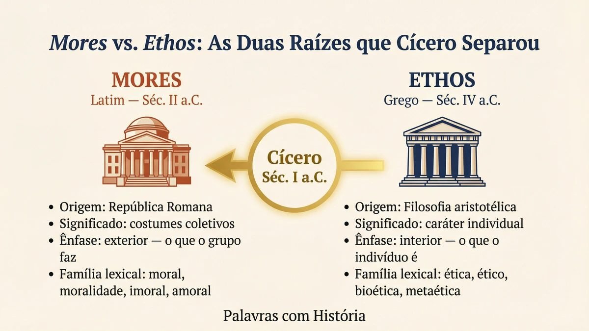 Diferença entre moral e ética: diagrama comparativo das raízes latinas mores e gregas ethos, com evolução histórica e significados originais lado a lado