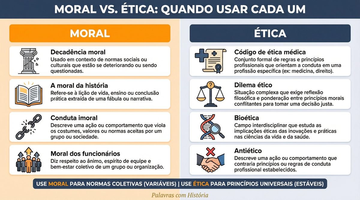 Diferença entre moral e ética em contextos práticos: infográfico com quatro exemplos reais de uso de moral e ética no português moderno, lado a lado