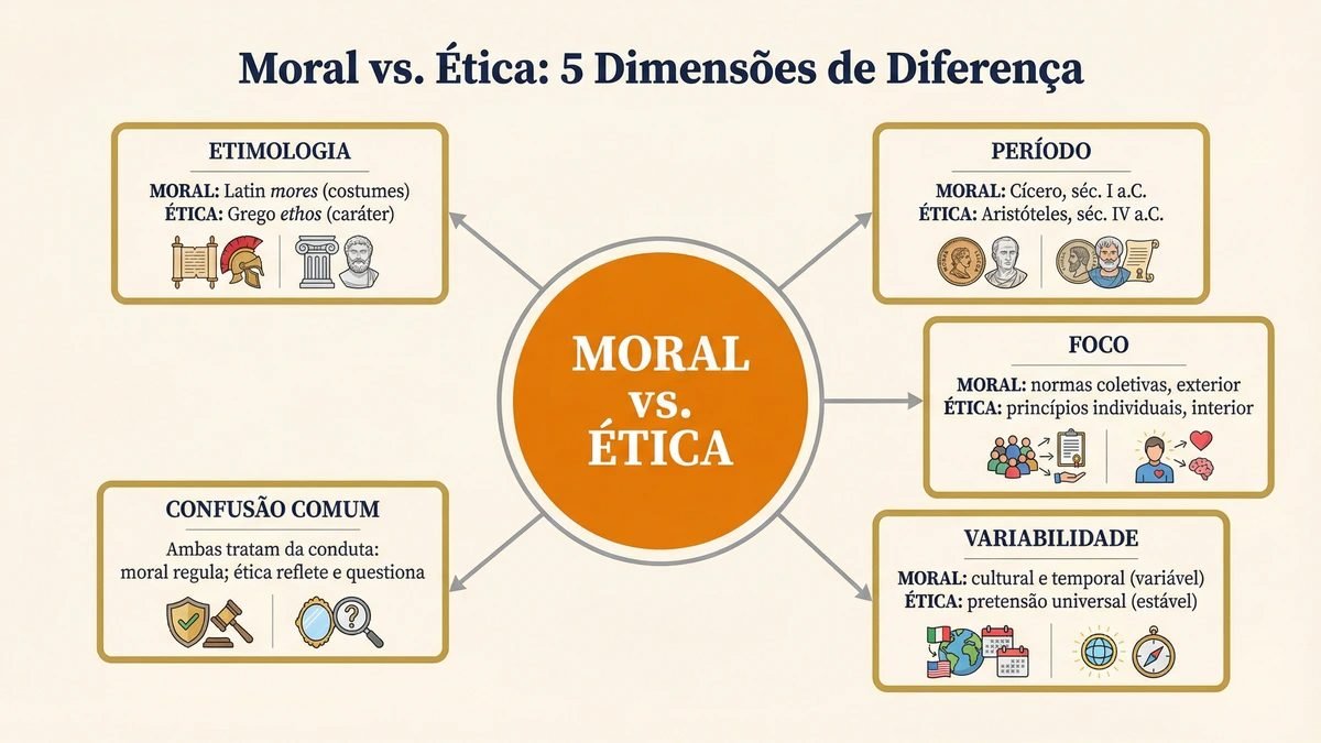 Diferença entre moral e ética: mapa conceitual com etimologia, significado original, uso moderno e distinção principal entre os dois termos linguísticos