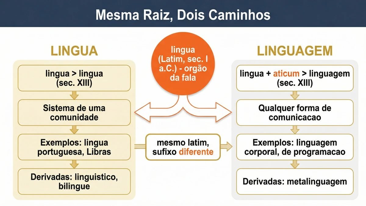 Diferença entre língua e linguagem: diagrama comparativo da raiz latina lingua e do sufixo -aticum que gerou linguagem, com evolução histórica e famílias de palavras