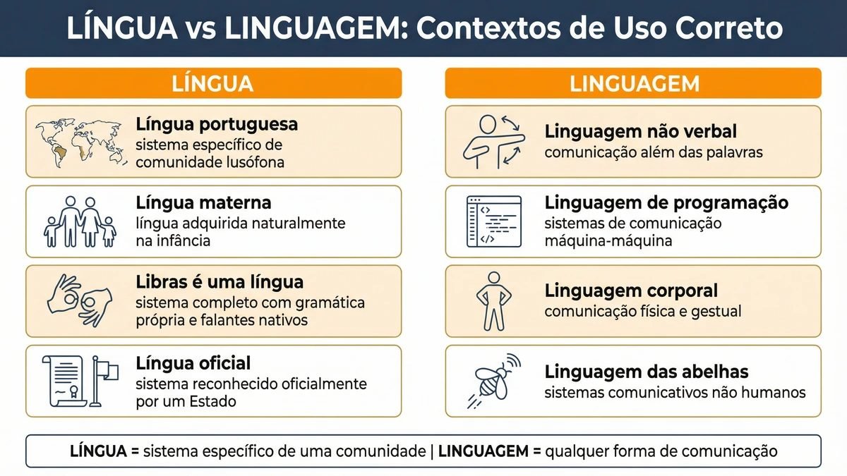 Diferença entre língua e linguagem em contextos práticos: infográfico com quatro exemplos reais de uso correto de língua e linguagem no português moderno