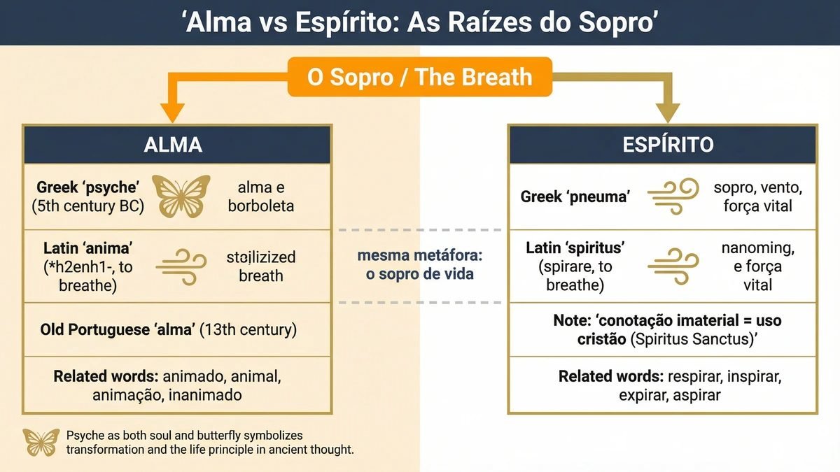 Diferença entre alma e espírito: diagrama das raízes psyche/anima e pneuma/spiritus, com origem compartilhada na metáfora do sopro.
