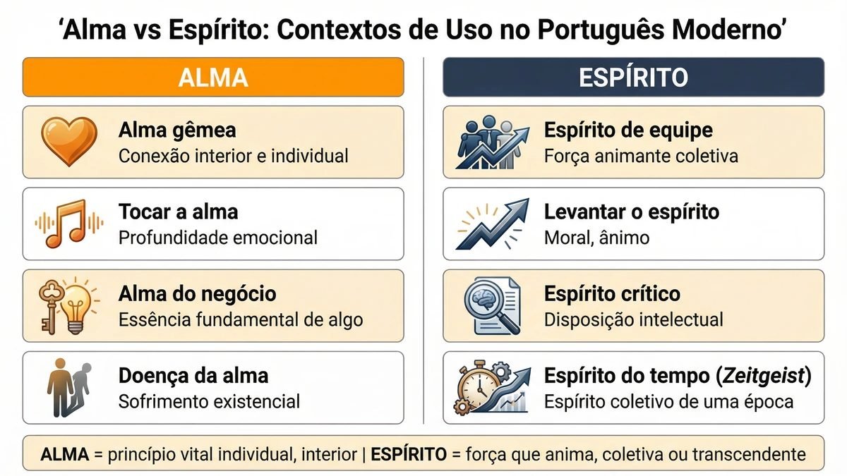 Diferença entre alma e espírito: infográfico com contextos de uso — alma (gêmea, penada) e espírito (equipe, Zeitgeist).