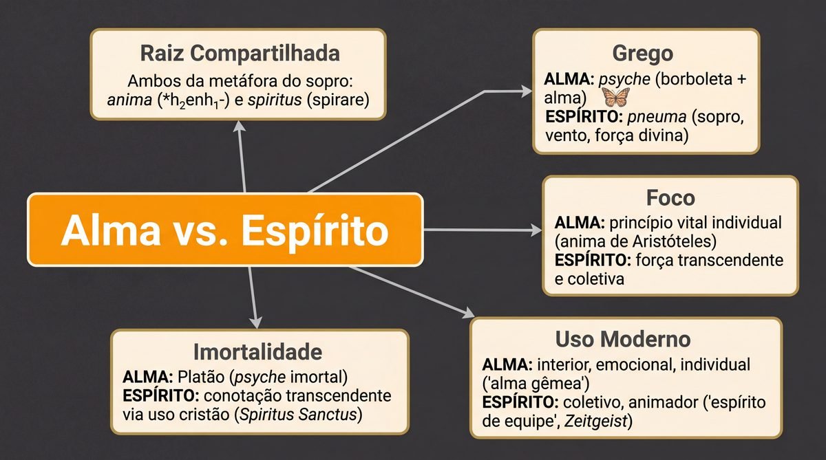 Diferença entre alma e espírito: senhora contemplando borboleta na mão, evocando a metáfora grega da psyche (alma).
