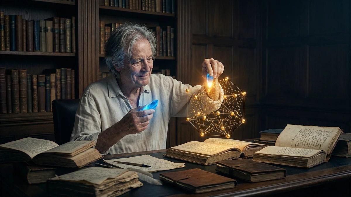 Diferença entre conhecimento e informação: fotografia de pesquisador transformando informação em conhecimento em biblioteca histórica.