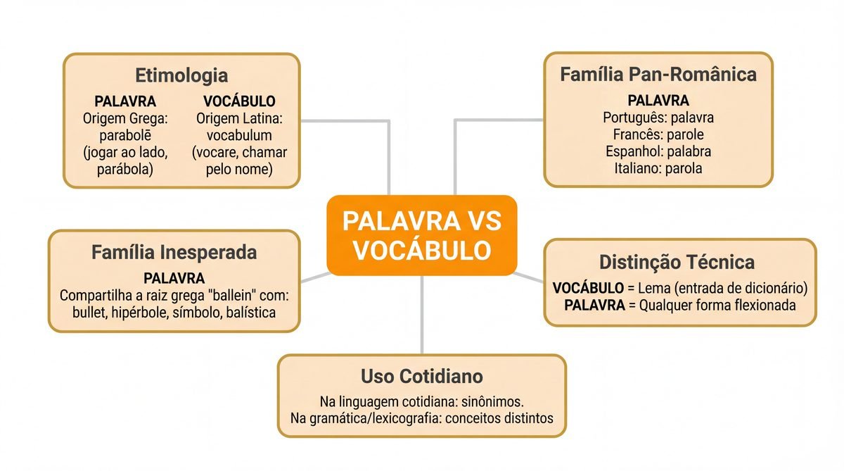 Diferença entre palavra e vocábulo: infográfico com contextos de uso — palavra (promessa) e vocábulo (lema de dicionário).
