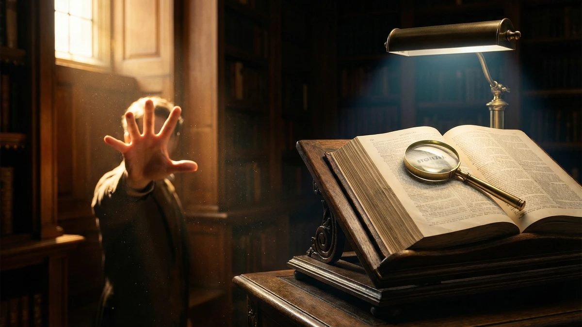 Diferença entre palavra e vocábulo: dicionário histórico aberto e mão com pluma em biblioteca, evocando o vocábulo catalogado.