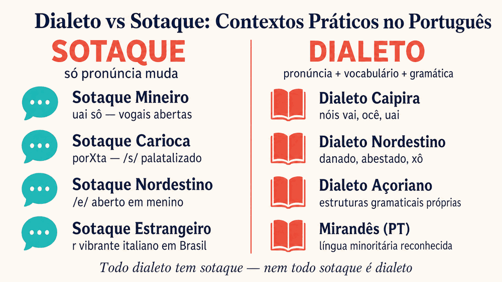 Diferença entre dialeto e sotaque em contextos práticos: infográfico com exemplos reais de uso correto de dialeto e sotaque no português brasileiro moderno.