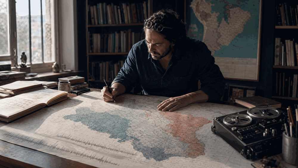 Diferença entre dialeto e sotaque: linguista analisando mapa de variações regionais do português brasileiro, representando a diversidade dialetal e de sotaques do país.
