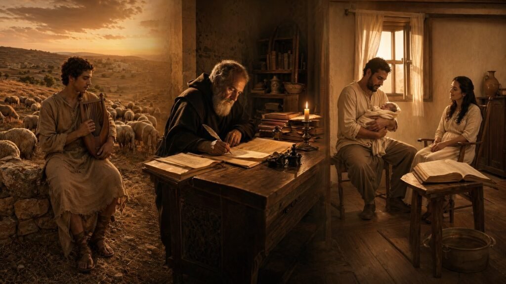significado do nome Davi, cena histórica sépia em três momentos: pastor com lira nos campos de Belém, escriba medieval com manuscrito sob luz de vela e família com recém-nascido junto a uma Bíblia aberta