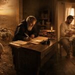 significado do nome Davi, cena histórica sépia em três momentos: pastor com lira nos campos de Belém, escriba medieval com manuscrito sob luz de vela e família com recém-nascido junto a uma Bíblia aberta