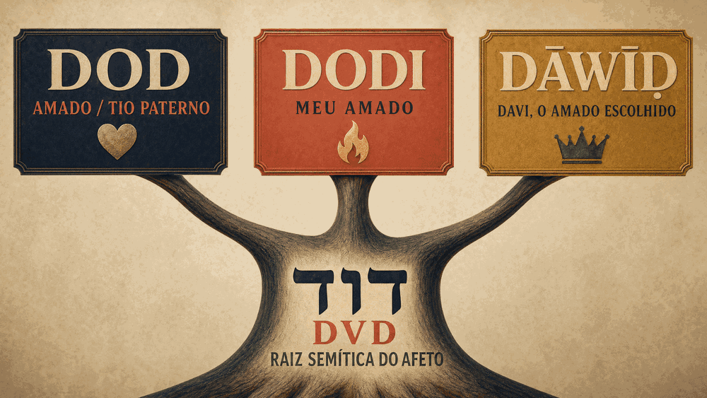 significado do nome Davi, três cards horizontais (DOD, DODI, DAWID) sobre a raiz hebraica DVD em letras grandes na base, identificada como raiz semítica do afeto