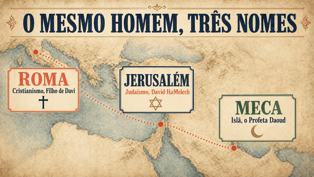 significado do nome Davi, mapa estilizado intitulado O Mesmo Homem, Três Nomes, com Roma, Jerusalém e Meca conectadas por linha tracejada coral