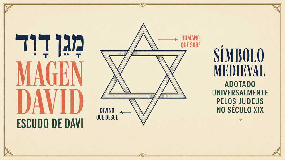 significado do nome Davi, card de definição com Magen David em hebraico, transliteração coral, tradução Escudo de Davi e a Estrela de Davi central com setas indicando humano que sobe e divino que desce