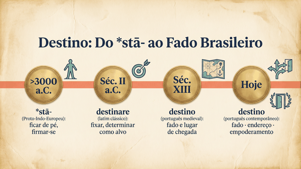 Linha do tempo da origem da palavra destino com quatro marcos do proto-indo-europeu stā ao português contemporâneo