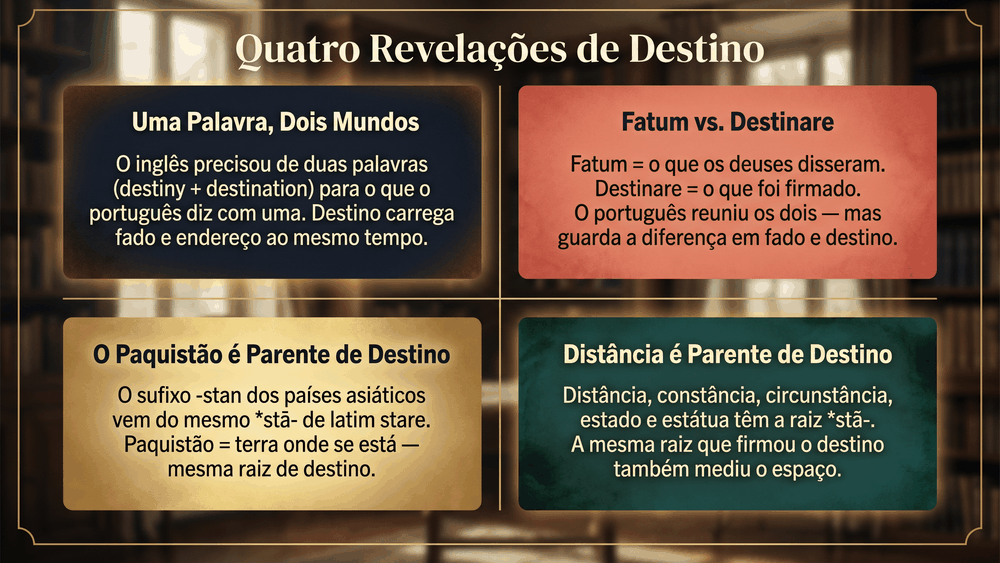 Quatro cards de curiosidades sobre a origem da palavra destino mostrando o duplo sentido a diferença entre fatum e destinare o Paquistão como parente e a família stā