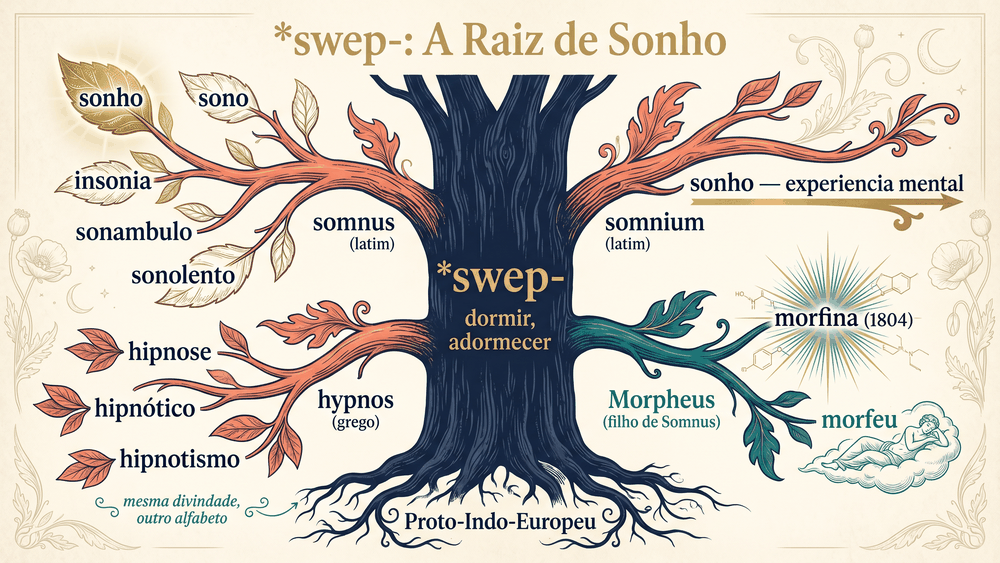 Árvore etimológica da origem da palavra sonho com raiz PIE swep e seus galhos somnus somnium hypnos e Morpheus com morfina em destaque