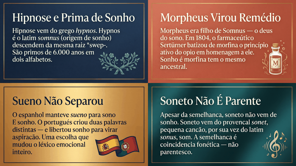 Quatro cards de curiosidades sobre a origem da palavra sonho mostrando hipnose como prima morfina como parente sueño que não separou e soneto que não é parente
