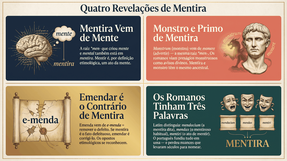 Quatro cards de curiosidades sobre a origem da palavra mentira mostrando a ligação com mente monstro emenda e a trilogia latina