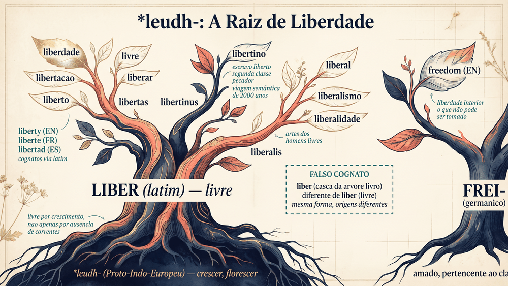 Árvore etimológica da origem da palavra liberdade mostrando o proto-indo-europeu leudh e o latim liber com galhos libertas levando a liberdade libertinus levando a libertino liberalis levando a liberal e o germânico frei levando a freedom mais o falso cognato liber livro