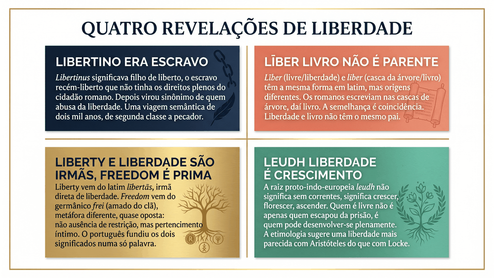 Quatro cards de curiosidades sobre a origem da palavra liberdade mostrando que libertino era escravo que liber livro não é parente de liberdade que liberty e liberdade são irmãs e freedom é prima e que leudh significa crescimento não ausência de correntes