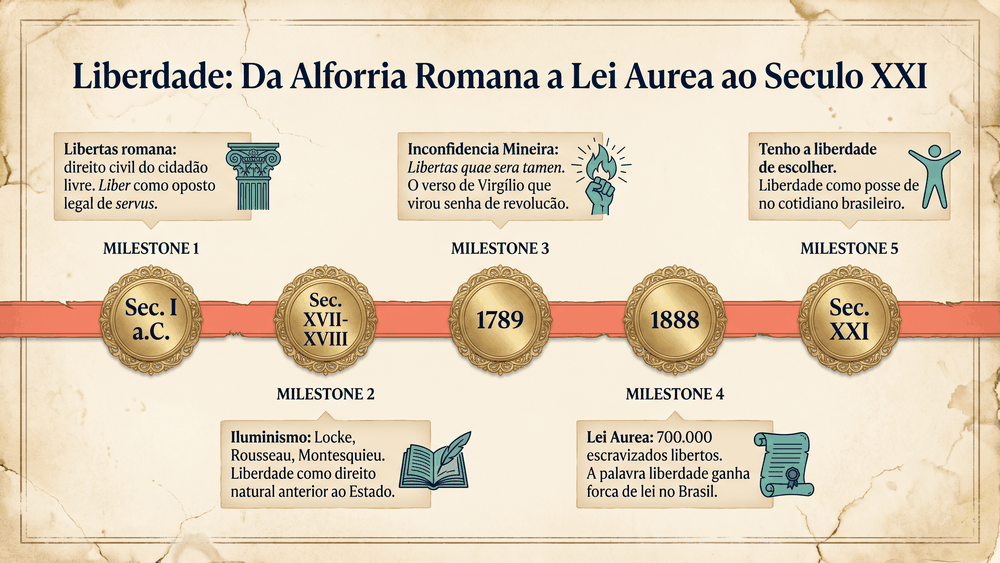 Linha do tempo da origem da palavra liberdade com cinco marcos da libertas romana ao iluminismo à inconfidência mineira de 1789 à lei áurea de 1888 e ao uso contemporâneo brasileiro
