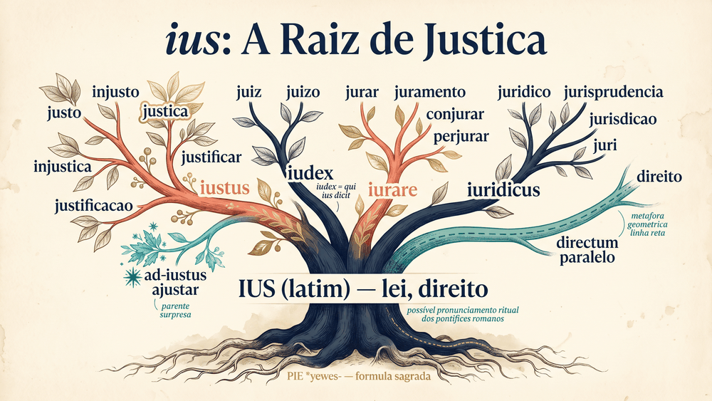 Árvore etimológica da origem da palavra justiça mostrando ius latino com cinco galhos iustus levando a justo e justiça iudex levando a juiz iurare levando a jurar e juramento iuridicus levando a jurídico e jurisdição e o parente surpresa ajustar via ad-iustus
