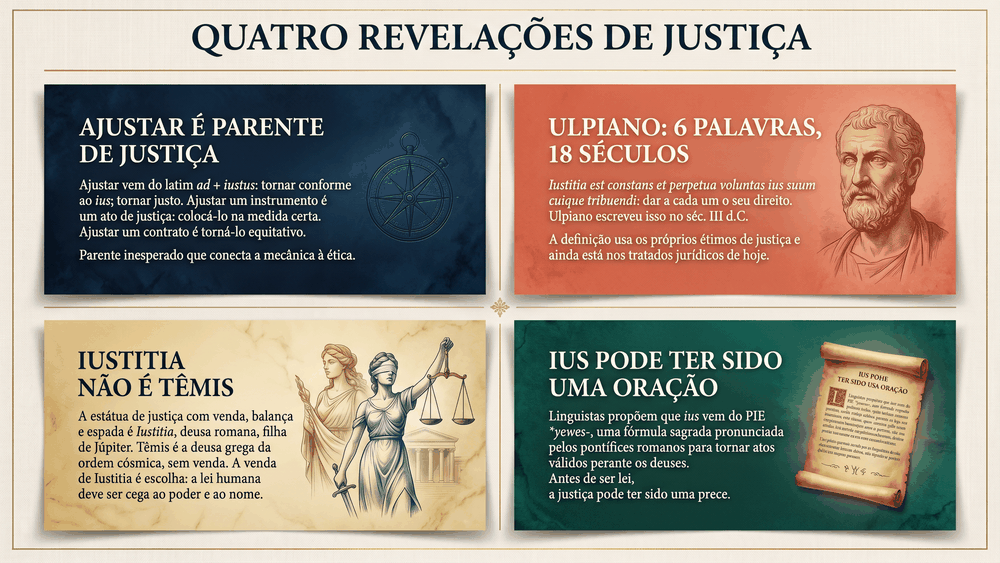 Quatro cards de curiosidades sobre a origem da palavra justiça mostrando ajustar como parente inesperado a definição de Ulpiano em seis palavras que iustitia não é têmis e que ius pode ter sido uma fórmula sagrada